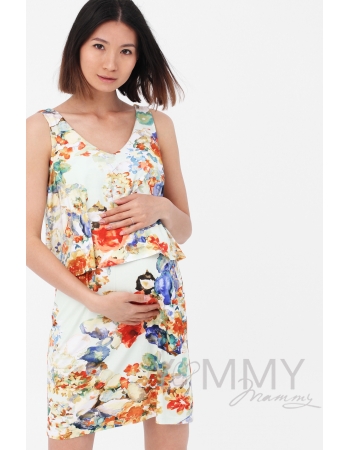 Платье для кормящих и беременных двухъярусное с цветочным принтом, экрю