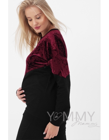 Джемпер для беременных и кормящих с велюром, цвет черный/бордо