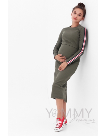 Платье для кормящих и беременных с лампасами, цвет хаки