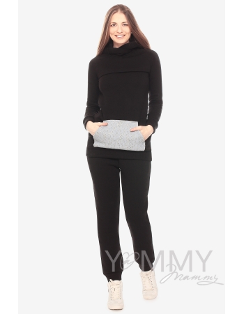 Брюки для родивших и беременных универсальные, с начесом черные