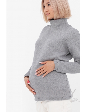 Джемпер для беременных и кормящих с воротником стойкой, серый меланж