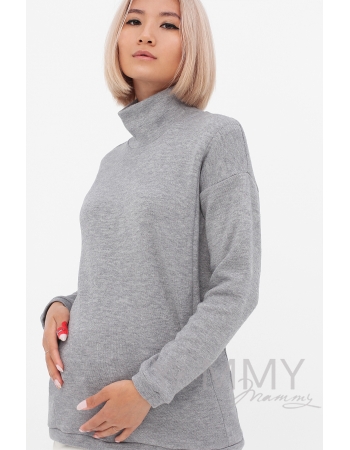 Джемпер для беременных и кормящих с воротником стойкой, серый меланж