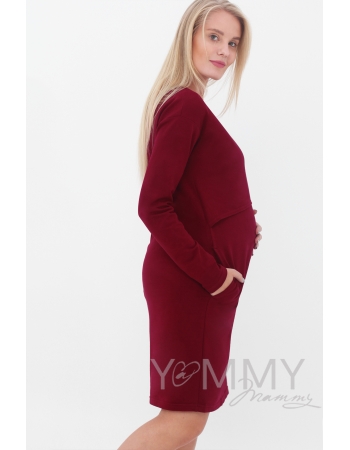 Платье для кормящих и беременных с длинным рукавом с карманами, марсала