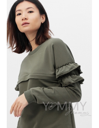 Свитшот для беременных и кормящих с воланчиками, цвет хаки