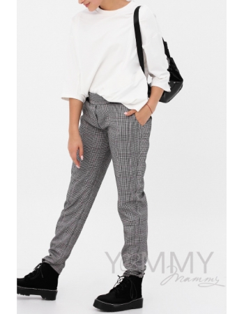 Брюки для беременных и кормящих универсальные в клеточку, серые