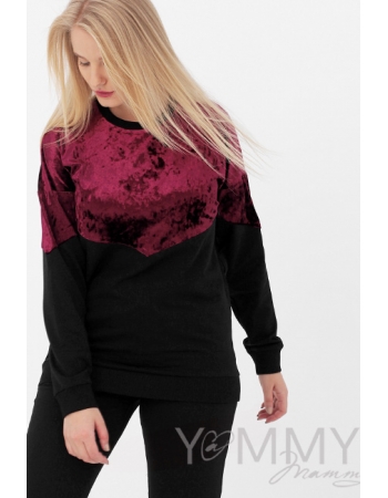 Джемпер для беременных и кормящих с велюром, цвет черный/бордо