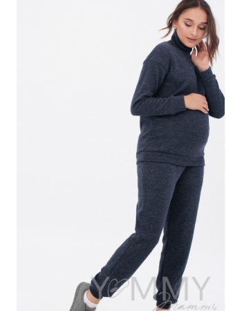 Костюм для беременных и кормящих из плотного вязанного трикотажа, темно-синий меланж