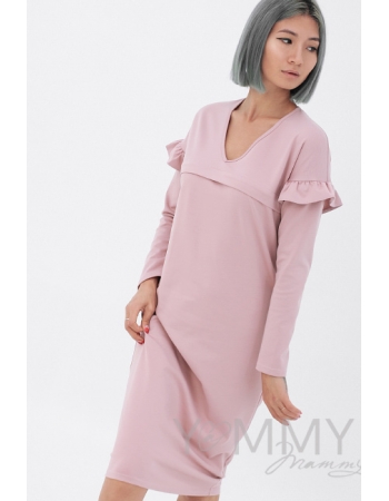 Платье для кормящих и беременных с воланчиками на рукавах, пудрово-розовое