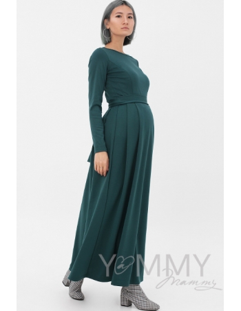Платье для кормящих и беременных в пол, юбка со складками, изумрудное