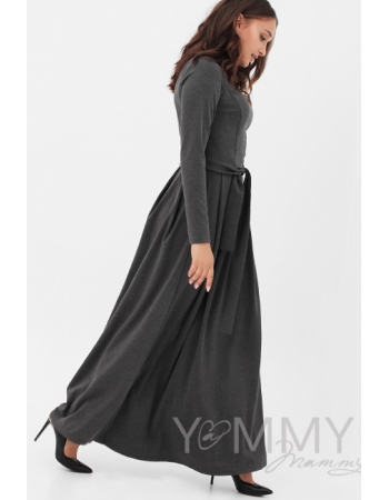 Платье для кормящих и беременных в пол, юбка со складками , цвет темно - серый меланж