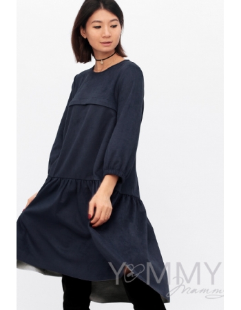 Платье для беременных и кормящих с воланом, с карманами замшевое, цвет темно-синий