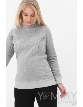 Джемпер для кормящих и беременных флисовый с высоким горлом, серый меланж