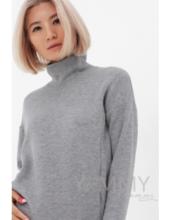 Джемпер для беременных и кормящих с воротником стойкой, серый меланж