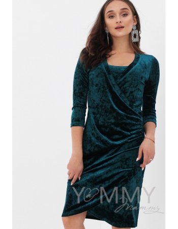 Вечернее платье для беременных и  кормящих бархатное с защипами, цвет изумруд