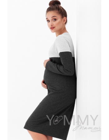 Платье для беременных и кормящих двухцветное, цвет серый меланж/темно-серый меланж