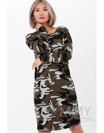 Платье для кормящих и беременных с длинным рукавом с карманами, камуфляж
