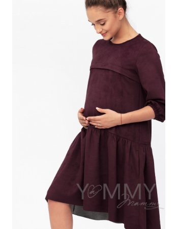 Платье для кормящих и беременных с воланом, с карманами замшевое, цвет бургунди
