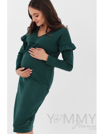 Платье для беременных и кормящих с воланчиками на рукавах, цвет изумрудный