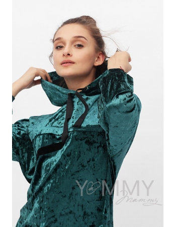 Толстовка для беременных и кормящих с капюшоном из велюра, изумруд