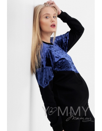 Джемпер для кормящих и беременных с велюром, цвет черный/синий