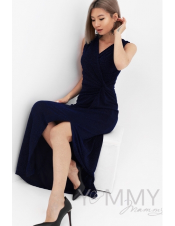 Вечернее платье для беременных и кормящих длинное с разрезом, синее