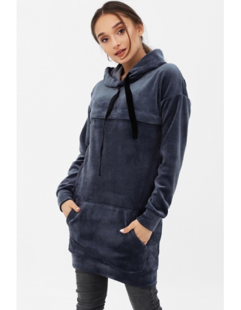 Платье-толстовка для беременных и кормящих с капюшоном из велюра, цвет серо-синий