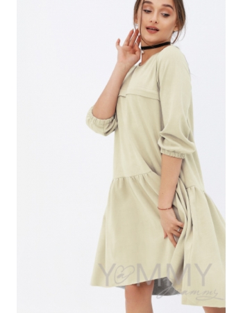 Платье для беременных и кормящих с воланом, с карманами замшевое, цвет светло-бежевый