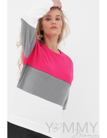 Толстовка для беременных и кормящих трехцветная, экрю-малина-серый