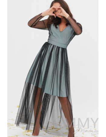 Платье для беременных и кормящих с поясом , голубое с черной сеткой