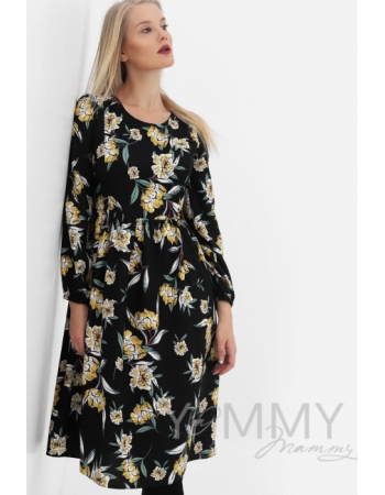 Платье для кормящих и беременных, цвет черный с цветами