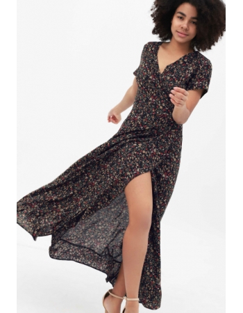 Платье для беременных и кормящих на запах с воланом, темно-синее с цветочным принтом