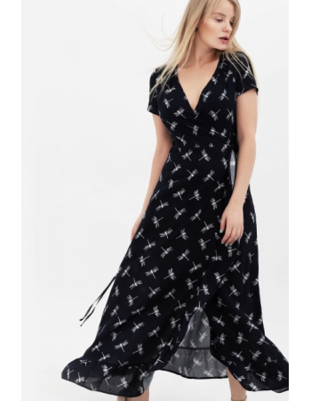 Платье для кормящих и беременных на запах с воланом со стрекозами, цвет темно-синий