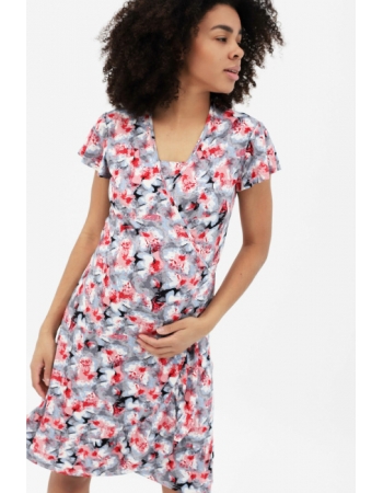 Платье для кормящих и беременных на запах с цветочным принтом, серо-голубое