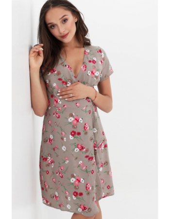 Платье для беременных и кормящих на запах в цветочек, бежевое