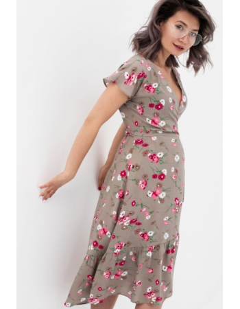 Платье для кормящих и беременных на запах с цветочным принтом, бежевое