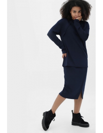 Костюм для беременных и кормящих утепленный джемпер + юбка, темно-синий
