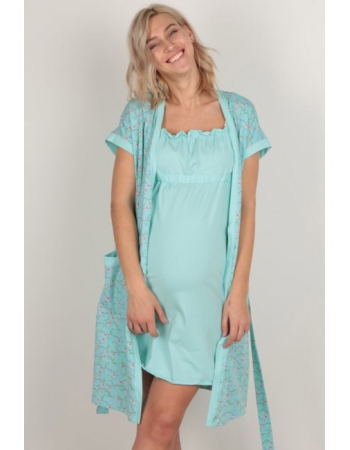 Комплект в роддом халат с сорочкой ментоловый, принт цветы