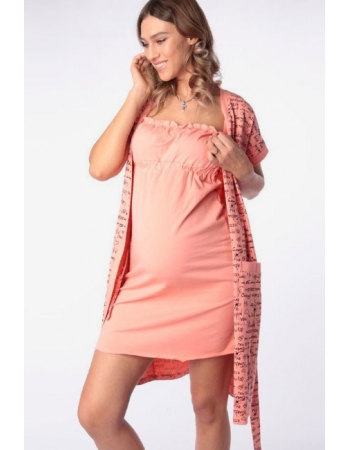 Комплект в роддом халат с сорочкой персиковый, принт слова