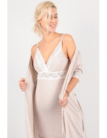 Комплект в роддом халат с сорочкой, бежевый меланж