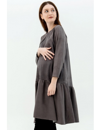 Платье для беременных и кормящих c воланами замшевое, серое