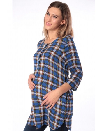 Блуза-рубашка для беременных в клетку, синяя