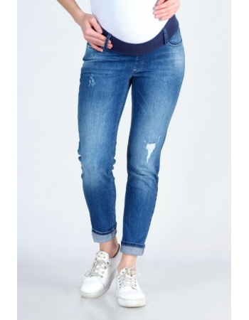 Джинсы для беременных и родивших на низкой талии (с потертостями), синие