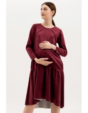 Платье для беременных и кормящих c воланами замшевое, марсала СКИДКА