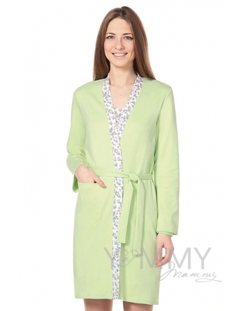 Халат фисташковый с отделкой цветочный принт