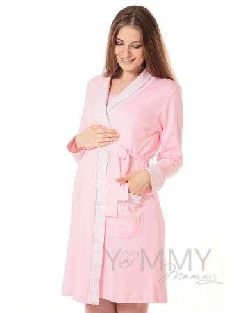 Комплект халат с сорочкой розовый/белая полоска
