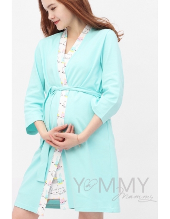 Комплект халат с сорочкой ментол с принтом зайчики/котики