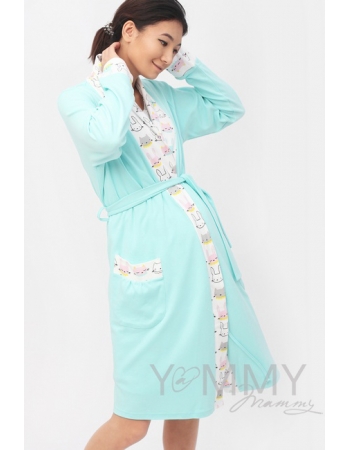 Комплект халат с сорочкой ментол с принтом котики/зайчики