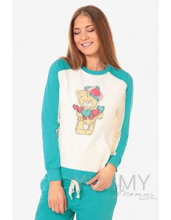 Толстовка для кормящих и беременных  с принтом "Teddy", цвет ментол/экрю