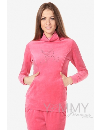 Толстовка для кормящих и беременных велюровая со стразами, цвет коралловая