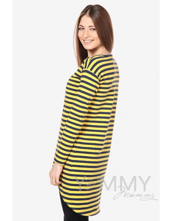 Платье-туника для беременных и кормящих с длинным рукавом желтая / синяя полоска